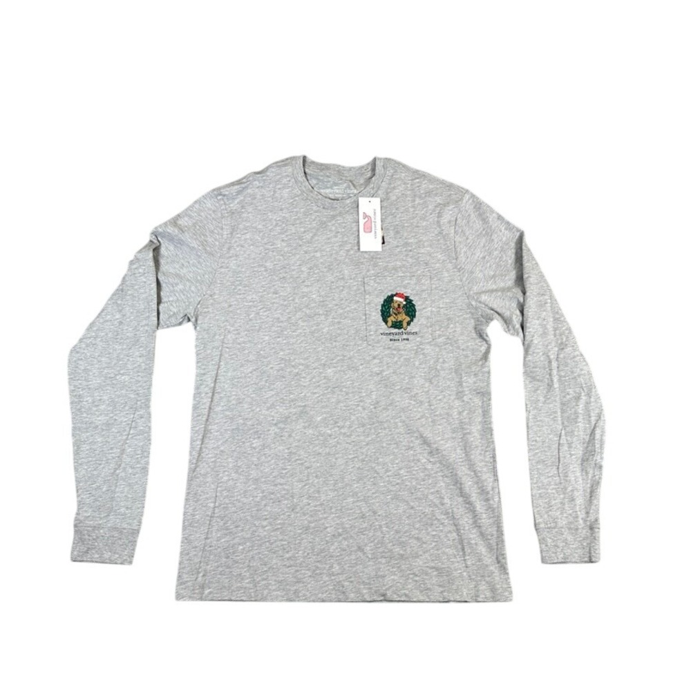 NWT Vineyard Vines Mens Small Grey Christmas Golden Wreath Pocket Long Sleeve